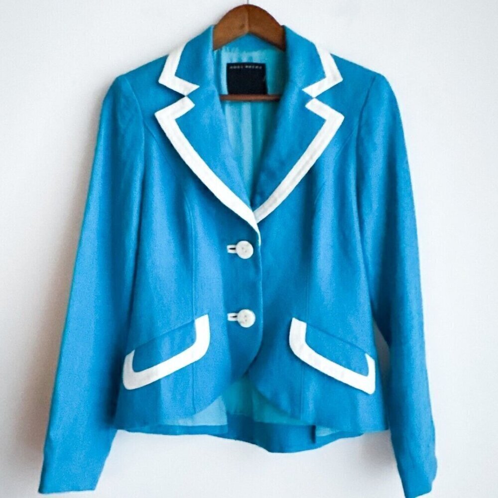 Ross Mayer LINEN Blue White Trim Two Button Fitted Summer Blazer 8